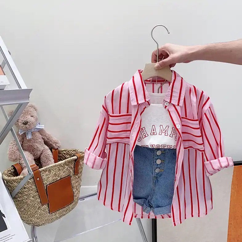 Completo Bambina con Camicia a Righe, T-shirt e Shorts in Denim