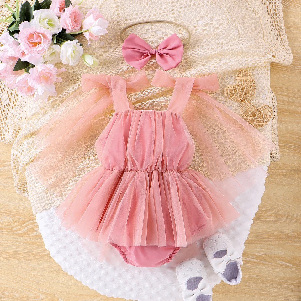 Abito da Bambina in Tulle Rosa con Accessorio Coordinato