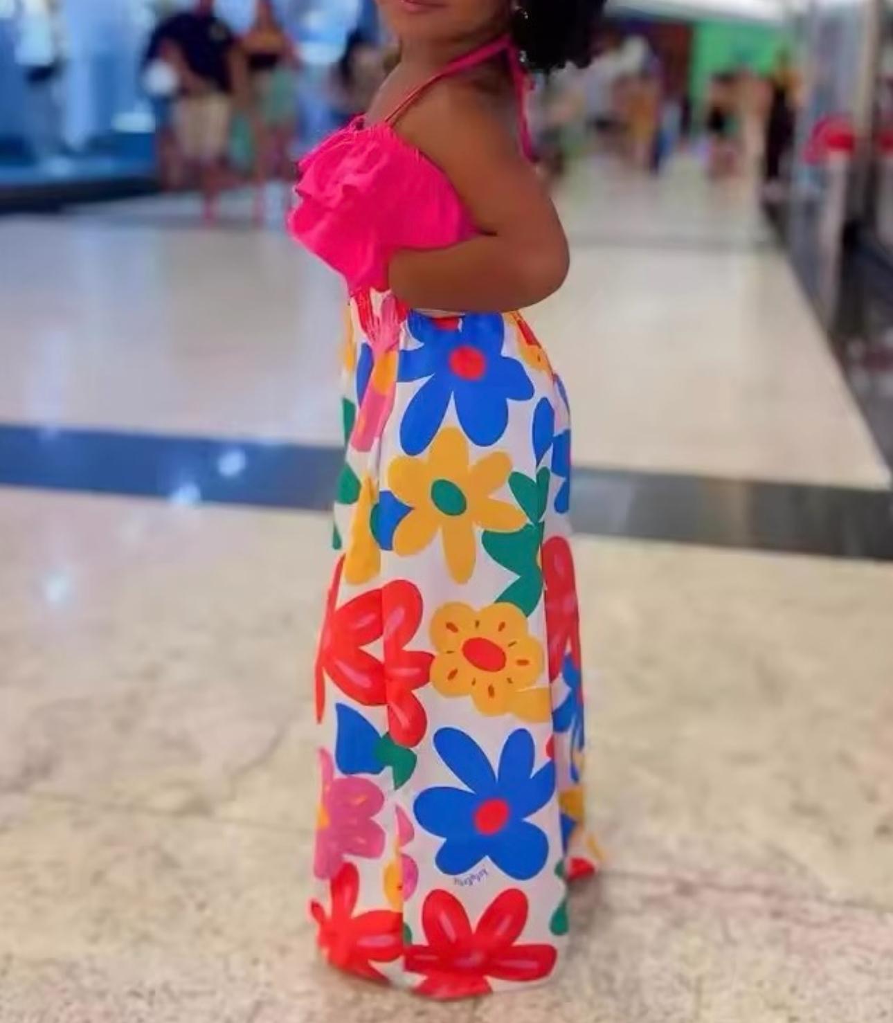 Completo Bambina Top Rosa e Pantaloni Floreali