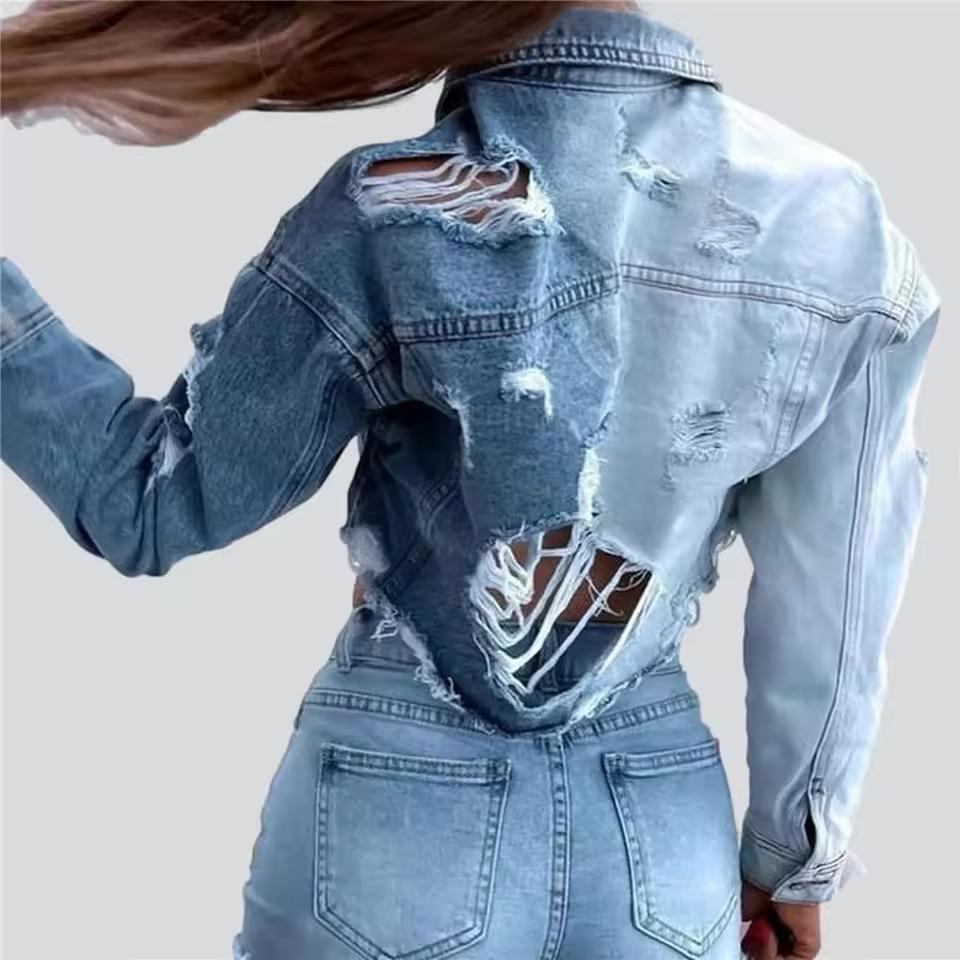 Giacca di Jeans Crop Bicolore con Strappi