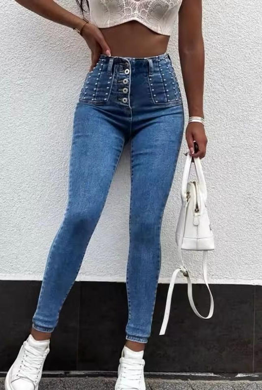 Jeans Skinny a Vita Alta con Bottoni e Borchie