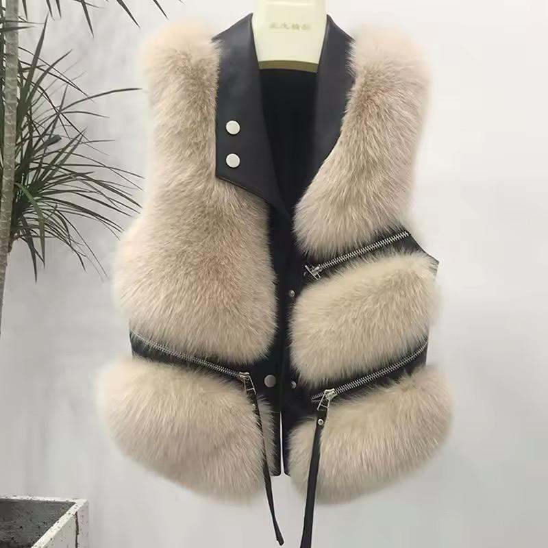 Gilet Fur Leather Black & Beige